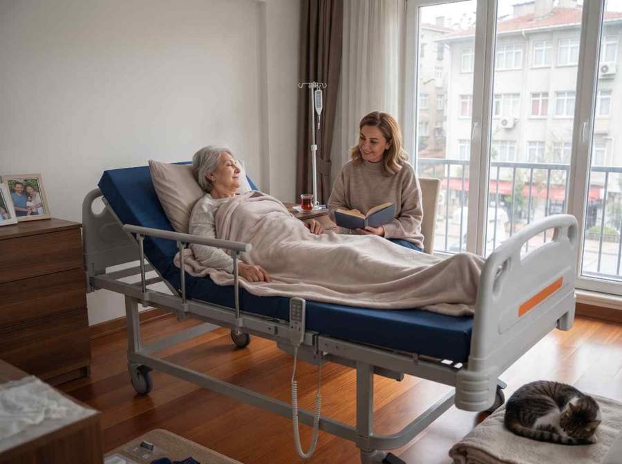 Evde bakım için kullanılan motorlu hasta yatağı - temsili görsel
