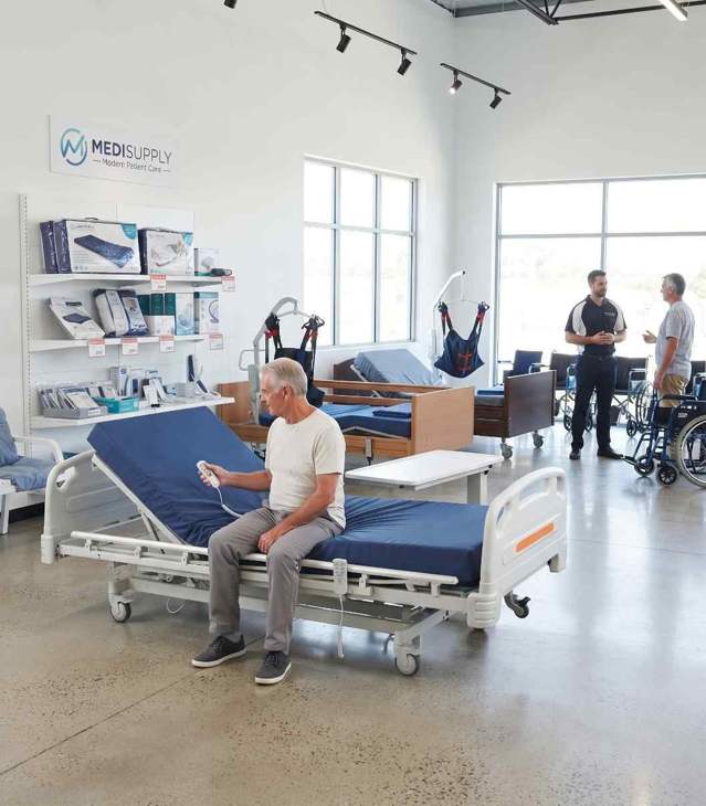 Motorlu hasta yataklarının sergilendiği örnek medikal ürün alanı - temsili görsel
