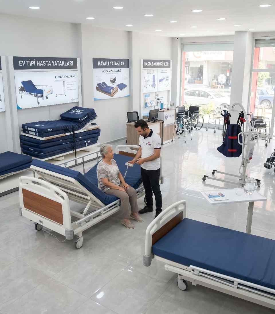 Medikal mağazada hasta yatağı ve görevliyle model tanıtımı (temsili görsel)